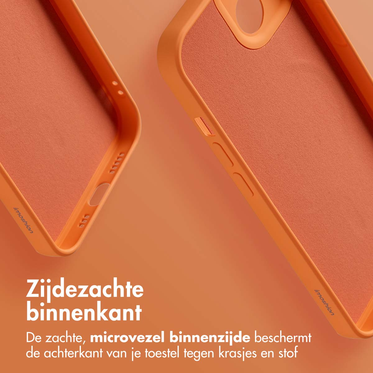Oranje telefoonhoes met zacht interieur. Toont details van de knoppen en het imoshion logo.