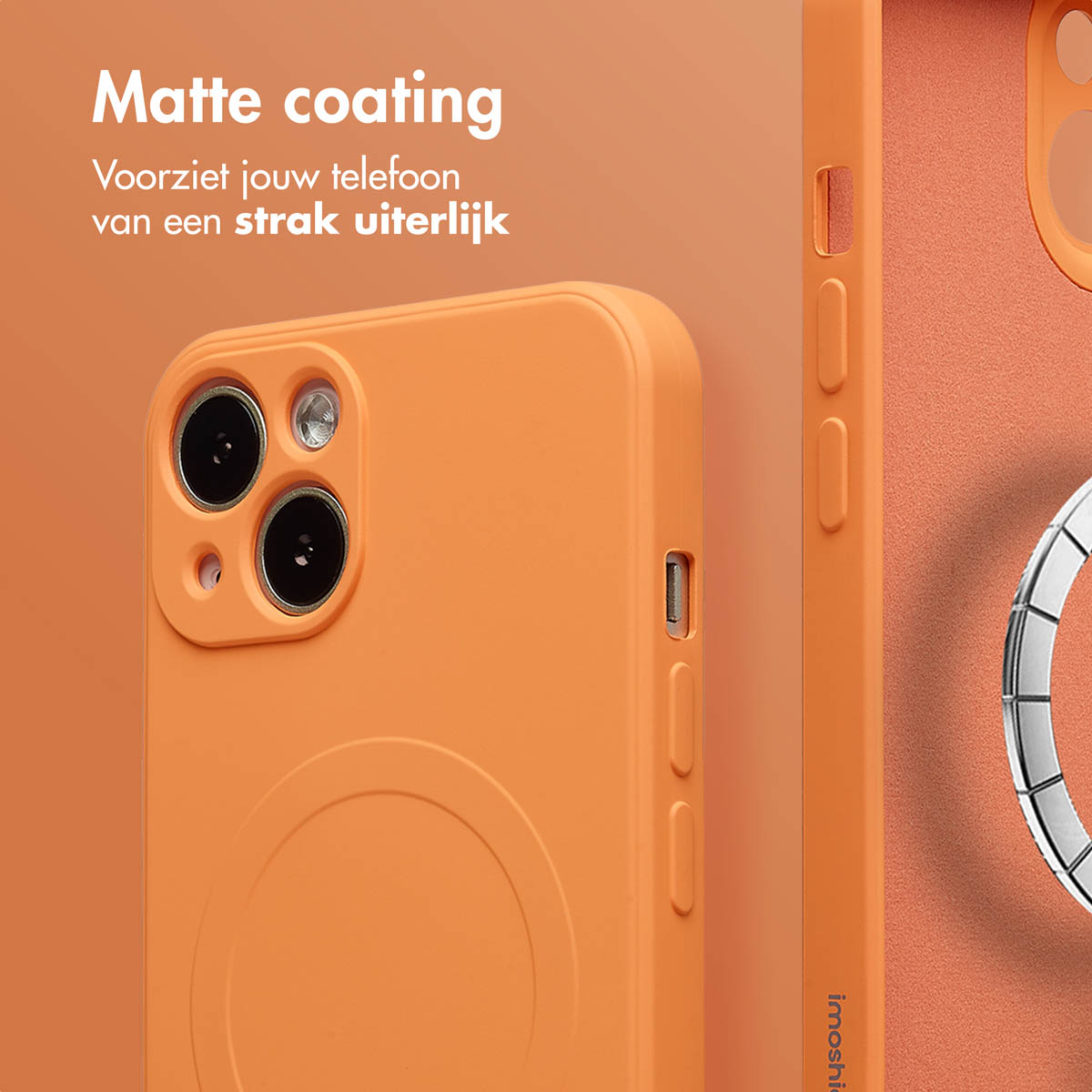 Oranje telefoonhoesje met matte coating. Close-up toont cameralenzen en knoppen. Achtergrond toont een ander deel van de hoes.