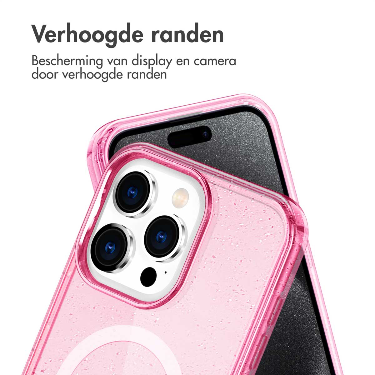 Een roze telefoonhoesje met verhoogde randen beschermt een zwarte telefoon. De tekst hierboven luidt 'Verhoogde randen'.