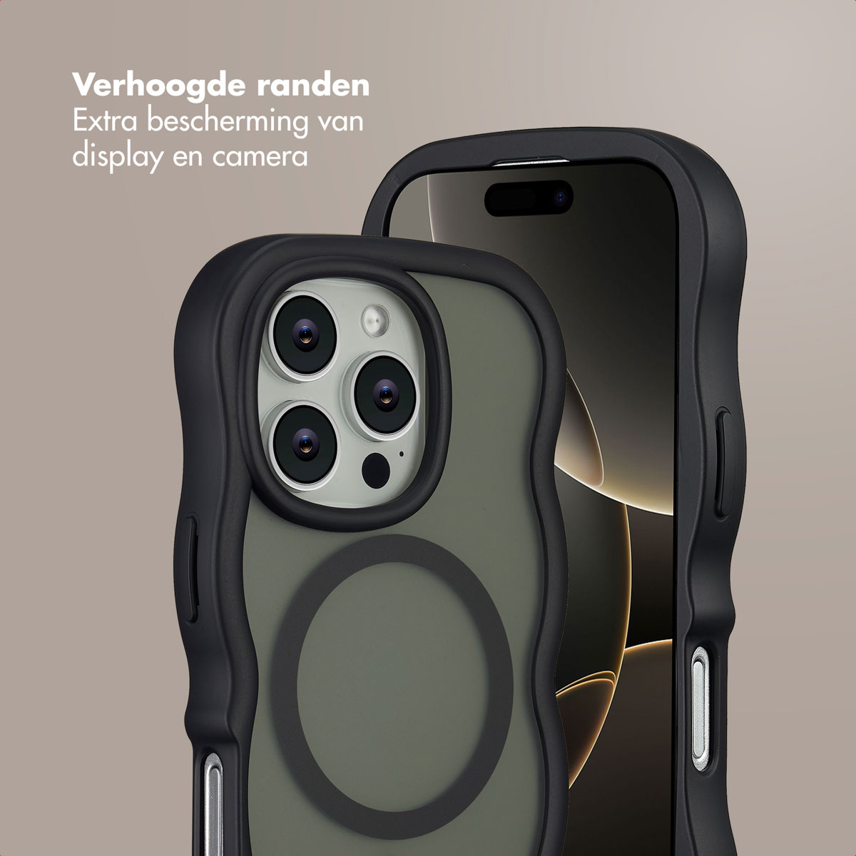 Deux smartphones dans des étuis de protection. Un étui est vert olive avec un cadre noir. L'autre est noir.