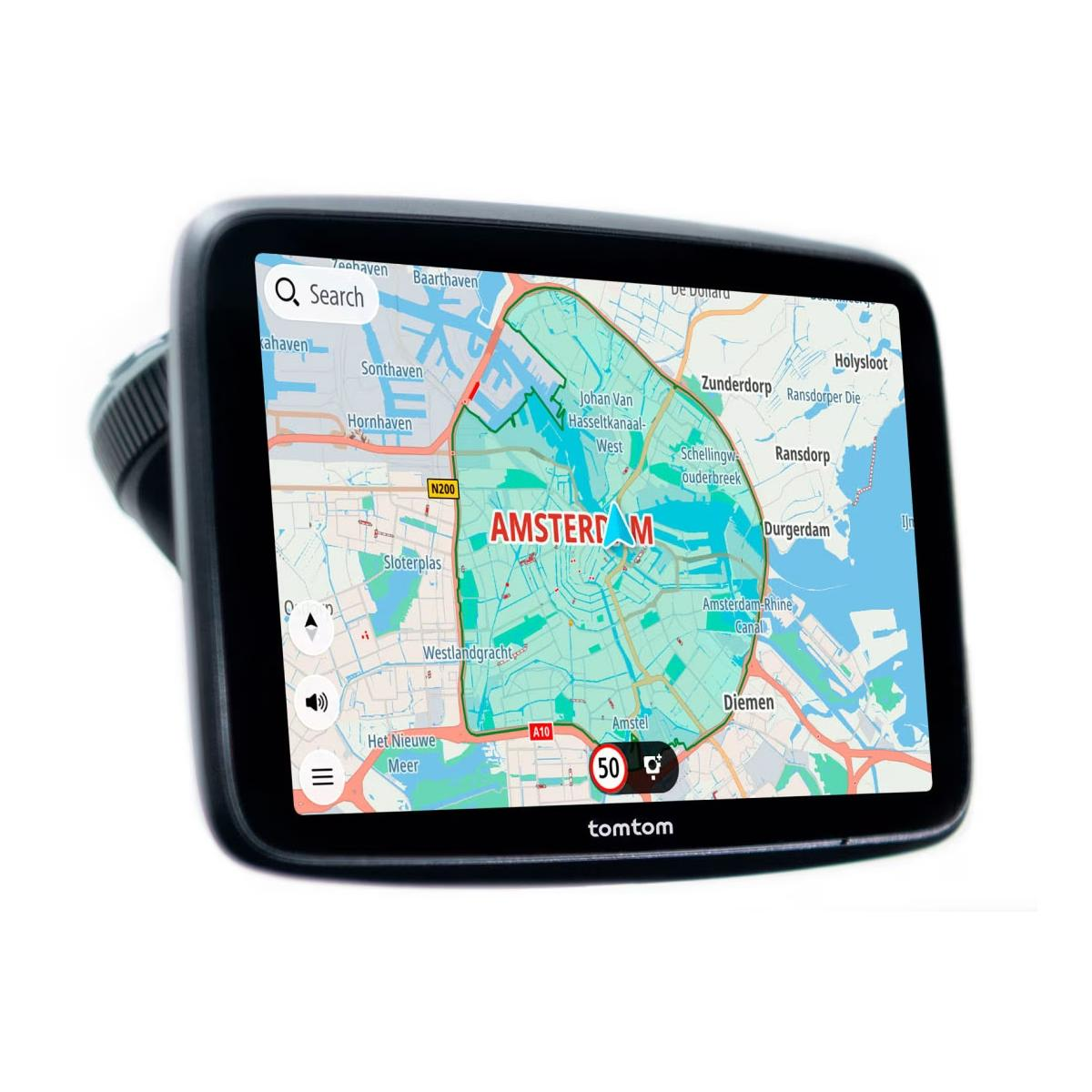 A TomTom GPS displays a map of Amsterdam. It highlights the city with green, showing streets, water, and place names.
