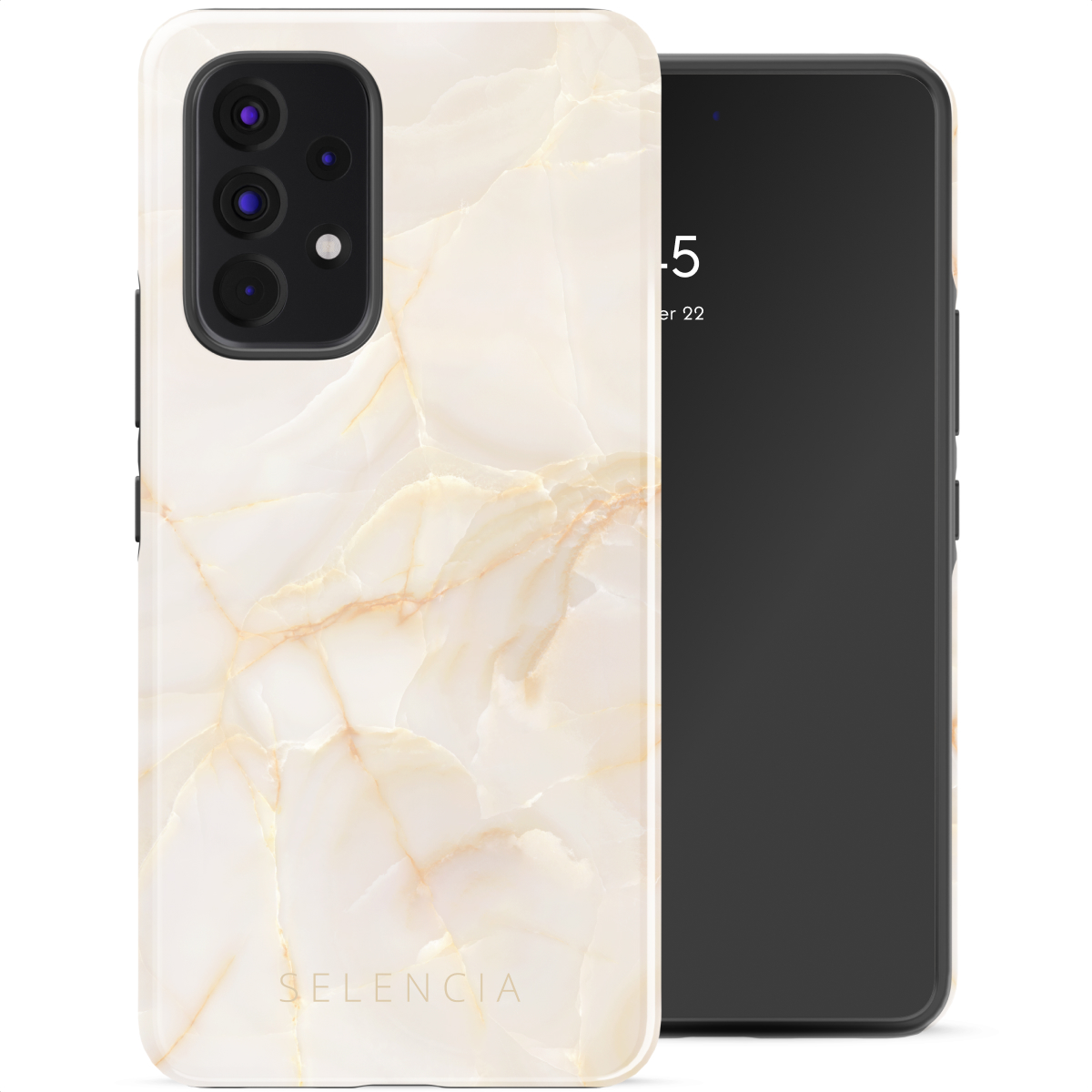 Un téléphone avec un étui à motifs marbrés et un écran noir affichant l'heure. L'étui est crème avec des veines dorées.