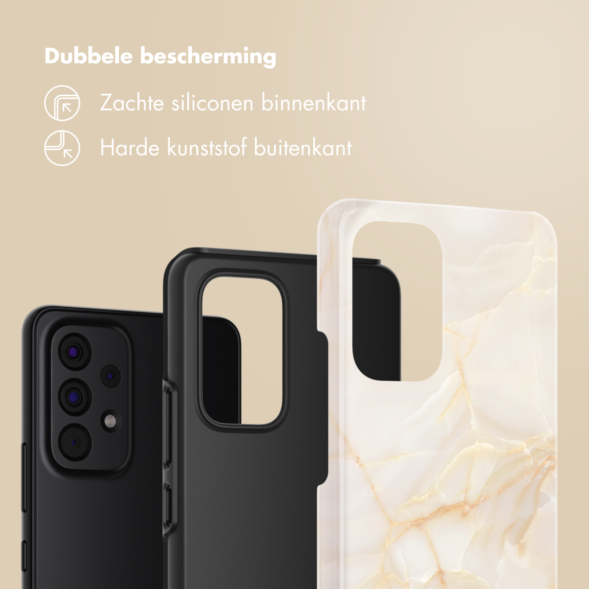 Trois étuis de téléphone : noir, noir et motif marbré. Texte : double protection, silicone souple à l'intérieur, plastique dur à l'extérieur.