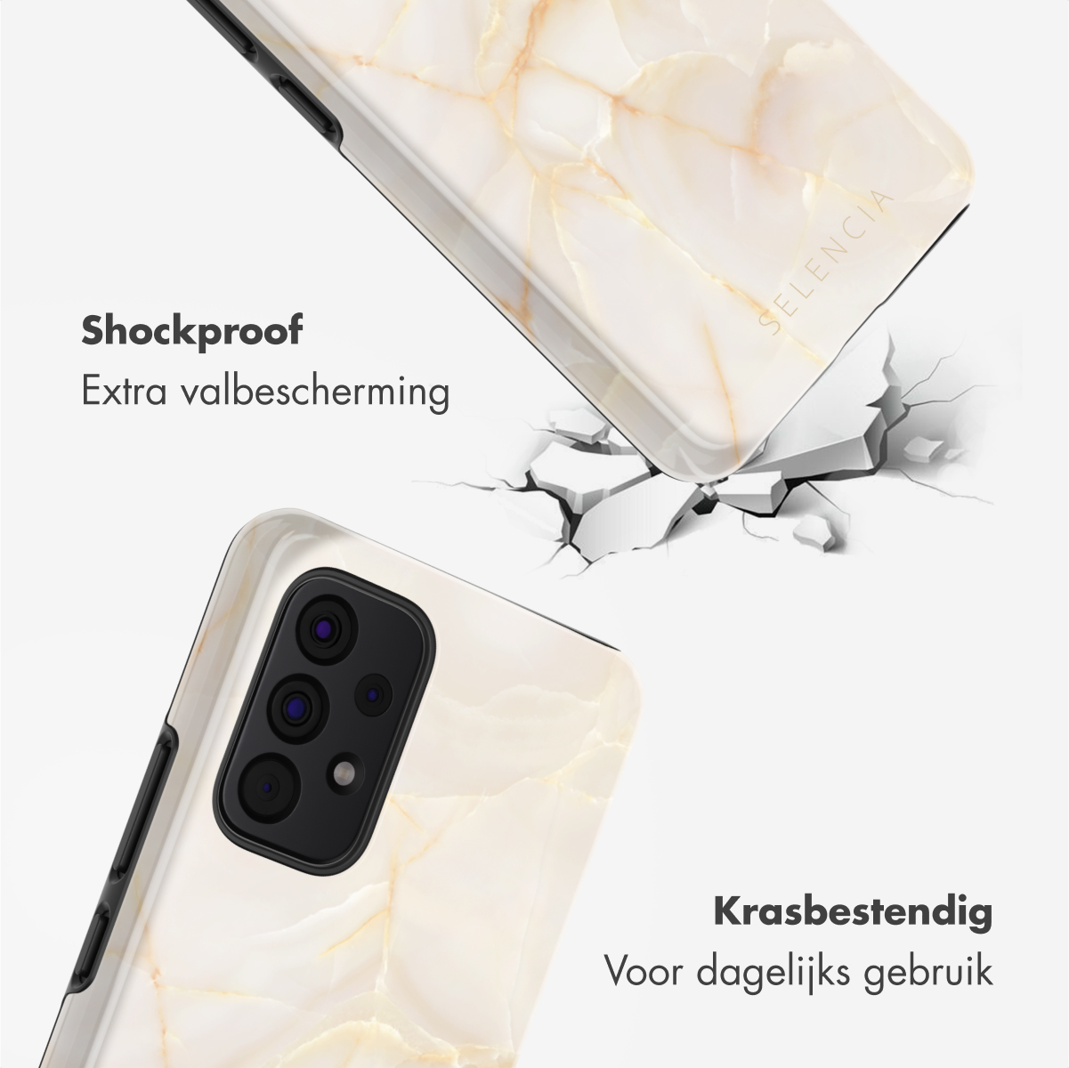Coque de téléphone avec motif marbre. Une coque semble briser une surface, une autre montre la caméra du téléphone.