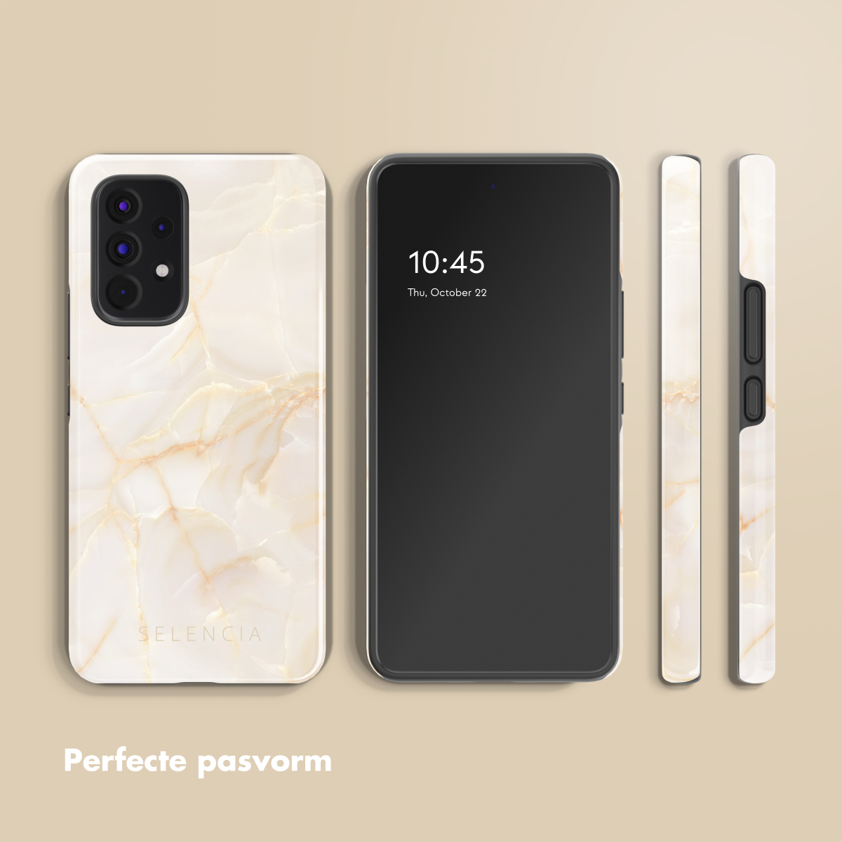 Coque et téléphone, crème avec motif marbre, écran affiche l'heure, deux vues latérales.