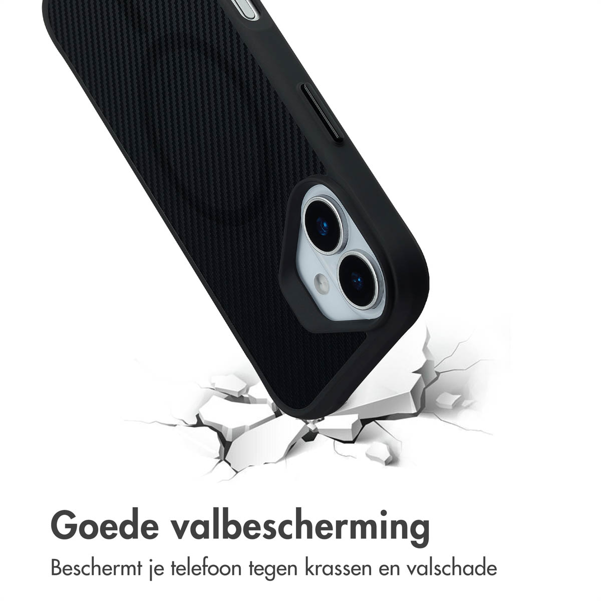 Zwarte telefoonhoes schuin, neerstortend op wit gebroken oppervlak. Tekst: Goede valbescherming. Beschermt tegen krassen en valschade.