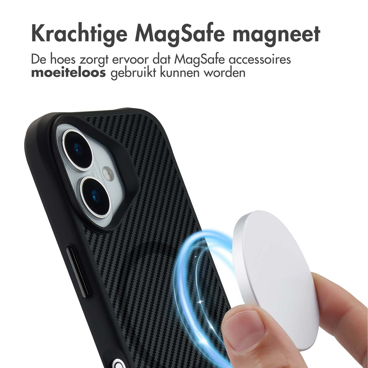 Een telefoonhoesje met een MagSafe-oplader. Een hand houdt de oplader bij de telefoon, met een blauwe gloed.