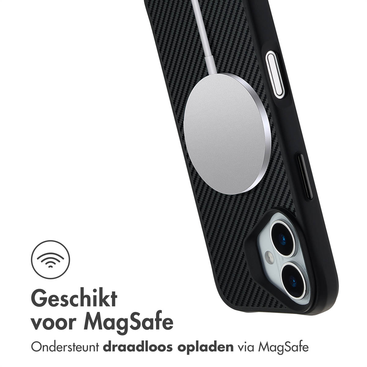 Een telefoon in een zwarte hoes met MagSafe-lader. Tekst: 'Geschikt voor MagSafe' en 'Ondersteunt draadloos opladen via MagSafe'.