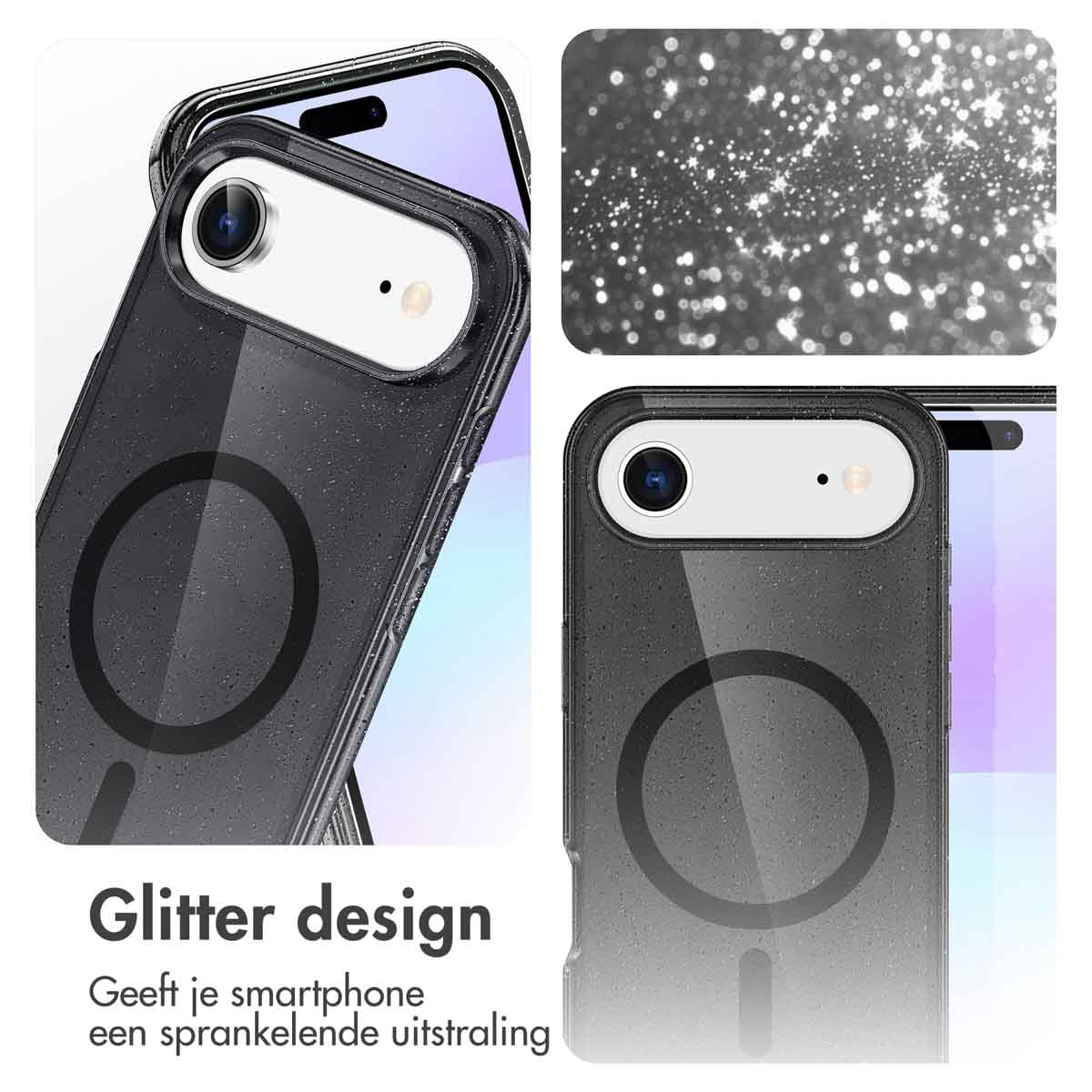 Een telefoonhoesje met glitterdesign is in twee weergaven te zien. De hoes is zwart en grijs met een transparante achterkant.