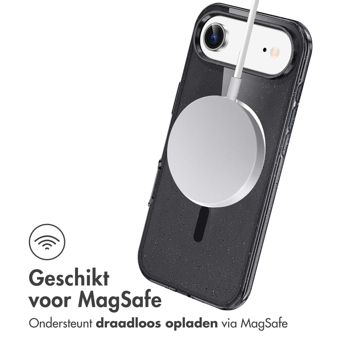 Een telefoon in een zwarte hoes met een MagSafe-oplader. Tekst: 'Geschikt voor MagSafe' met ondersteuning voor draadloos opladen.