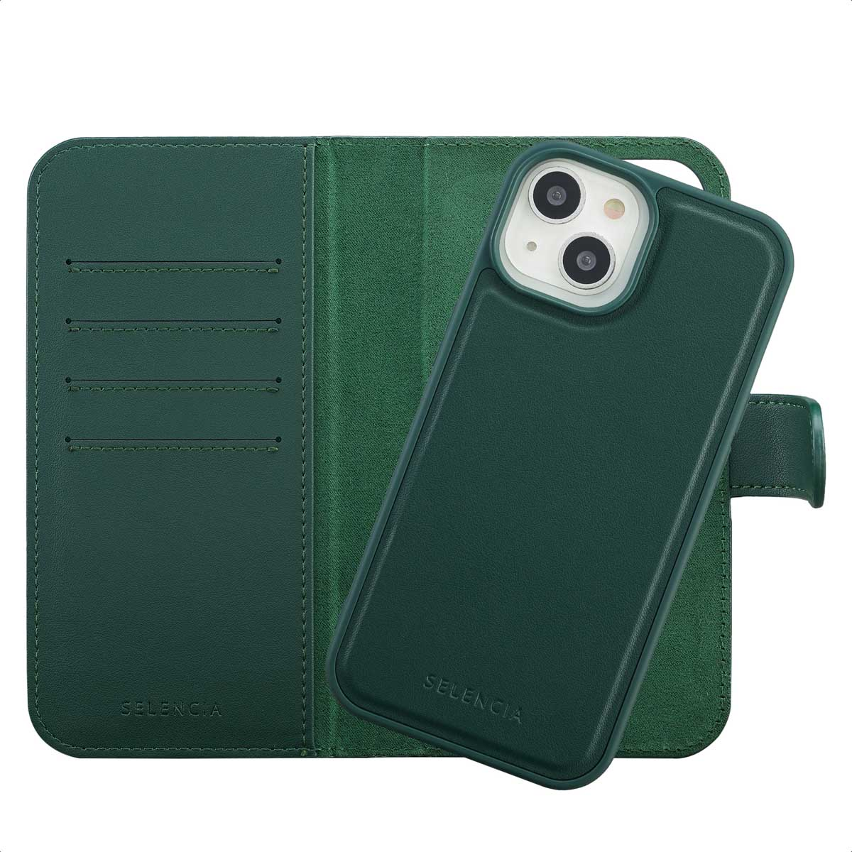 Un étui de téléphone vert avec un design portefeuille. Un téléphone est dans l'étui. La marque Selencia est visible.