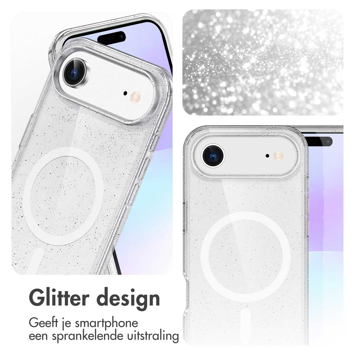 Transparante telefoonhoes met glitter. De hoes omhult een telefoon met camera en scherm. Kleine glitterdeeltjes zijn zichtbaar.