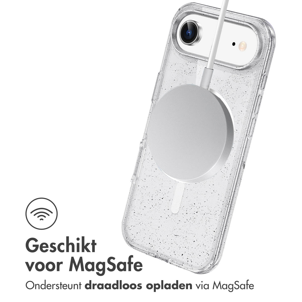 Een telefoon in een transparante hoes met een MagSafe-oplader. De tekst zegt 'Geschikt voor MagSafe' en 'Ondersteunt draadloos opladen via MagSafe'.