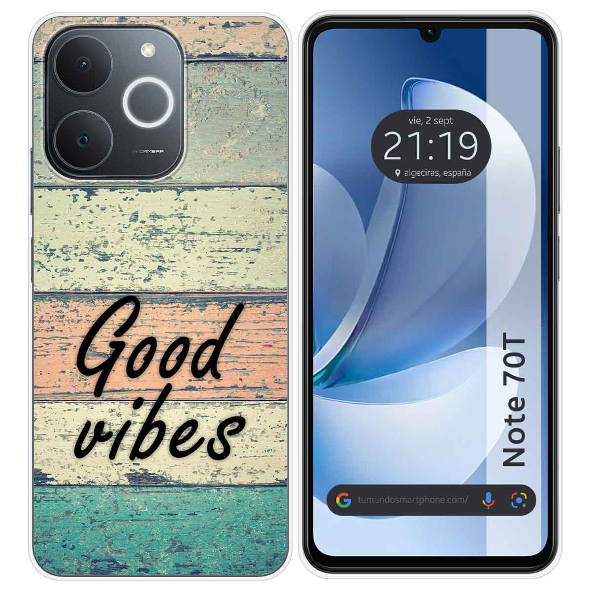 Una funda de teléfono con diseño 'Good Vibes'. El teléfono muestra la hora, fecha y ubicación. La funda tiene aspecto de madera.