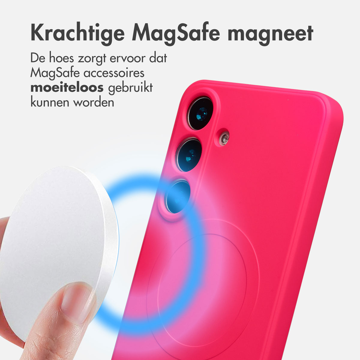 Een roze telefoonhoesje met een witte MagSafe-accessoire die magnetisch wordt bevestigd. Blauw lichteffect geeft de verbinding weer.