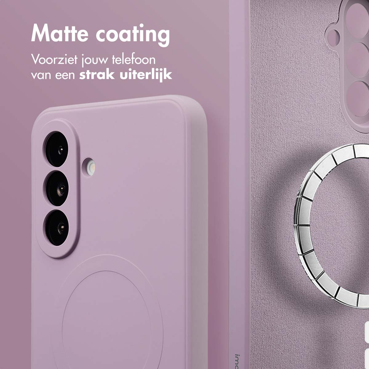 Een close-up van een paarse telefoonhoes met een matte afwerking. De hoes heeft camera-uitsparingen en een cirkelvormige ringhouder.