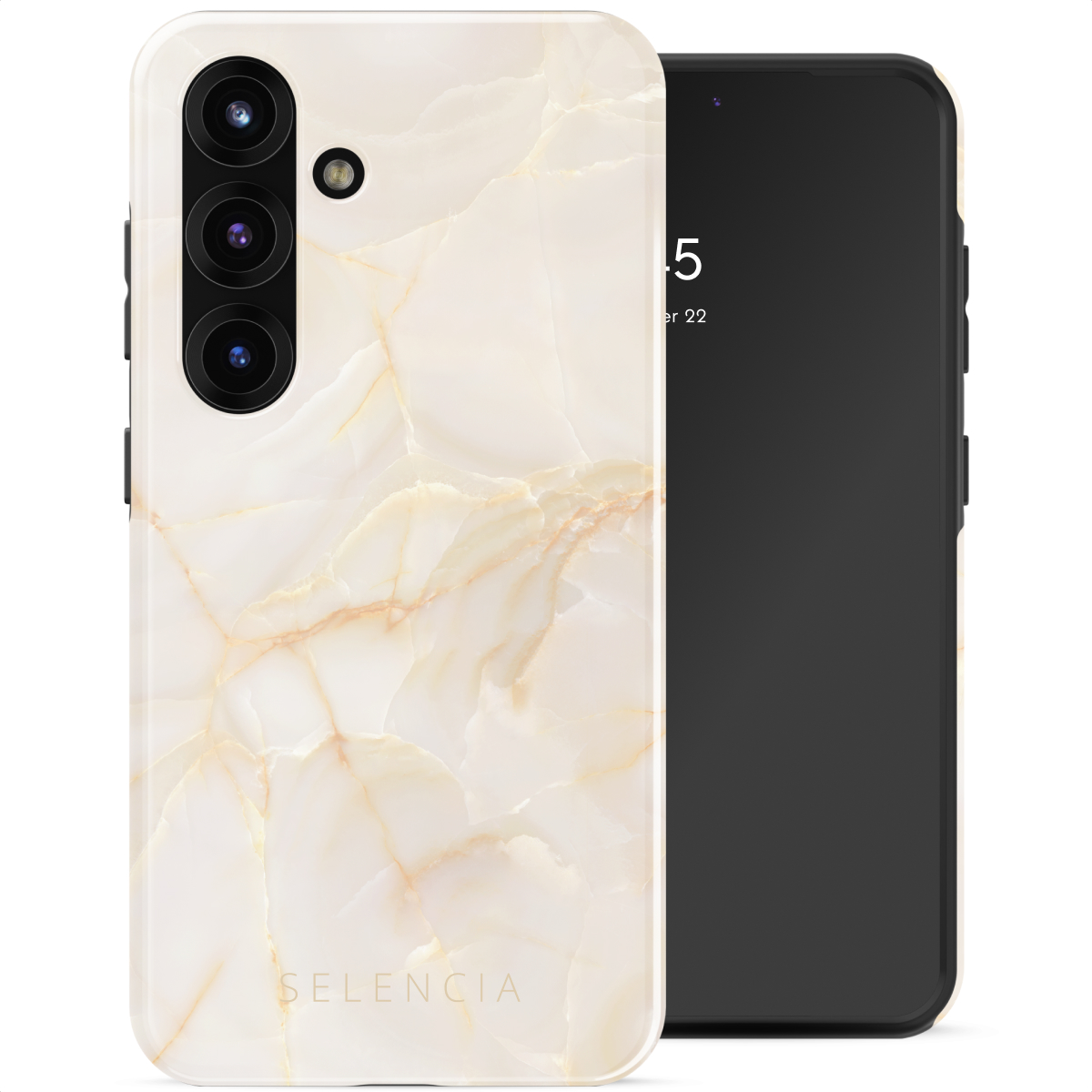 Un telefono con una custodia marmorizzata e uno schermo nero che mostra l'ora. La custodia ha una configurazione della fotocamera e il marchio 'SELENCIA'.