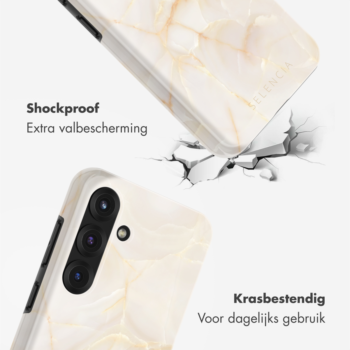 Due custodie per telefoni con design marmorizzato. Una rotta, che mostra la funzione antiurto. Testo: Antigraffio, Krasbestendig.