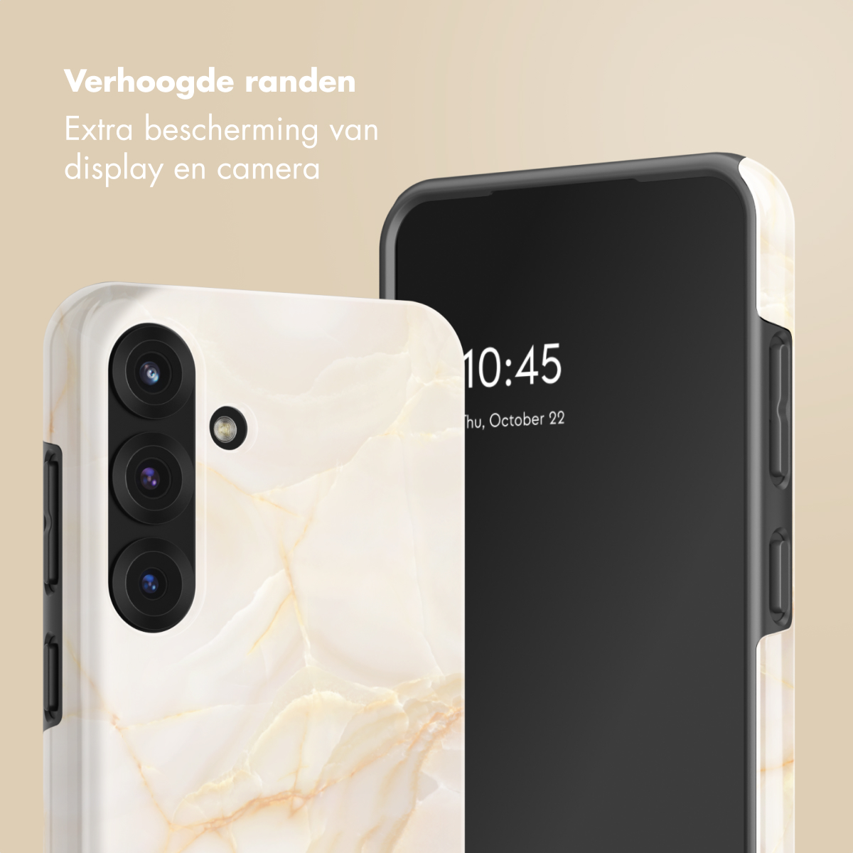 Due smartphone con custodie protettive. Una custodia è bianca marmorizzata, l'altra nera. Lo schermo mostra l'ora 10:45.