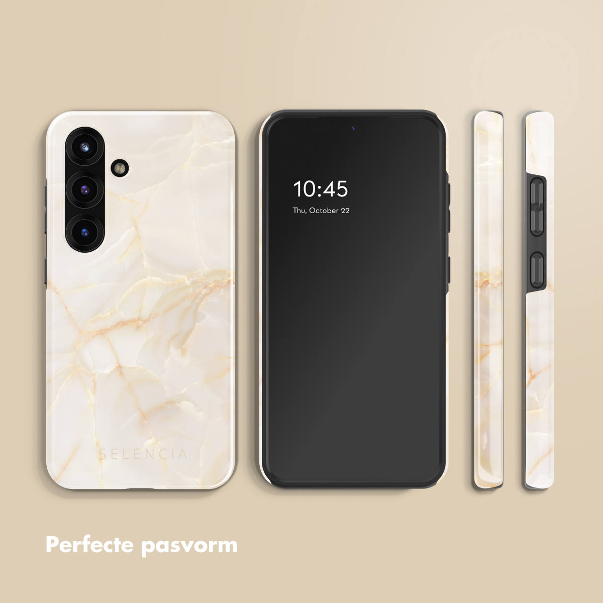 Un telefono con custodia in marmo, che mostra la parte anteriore, laterale e posteriore. Lo schermo mostra l'ora. La custodia è bianca con venature marroni.