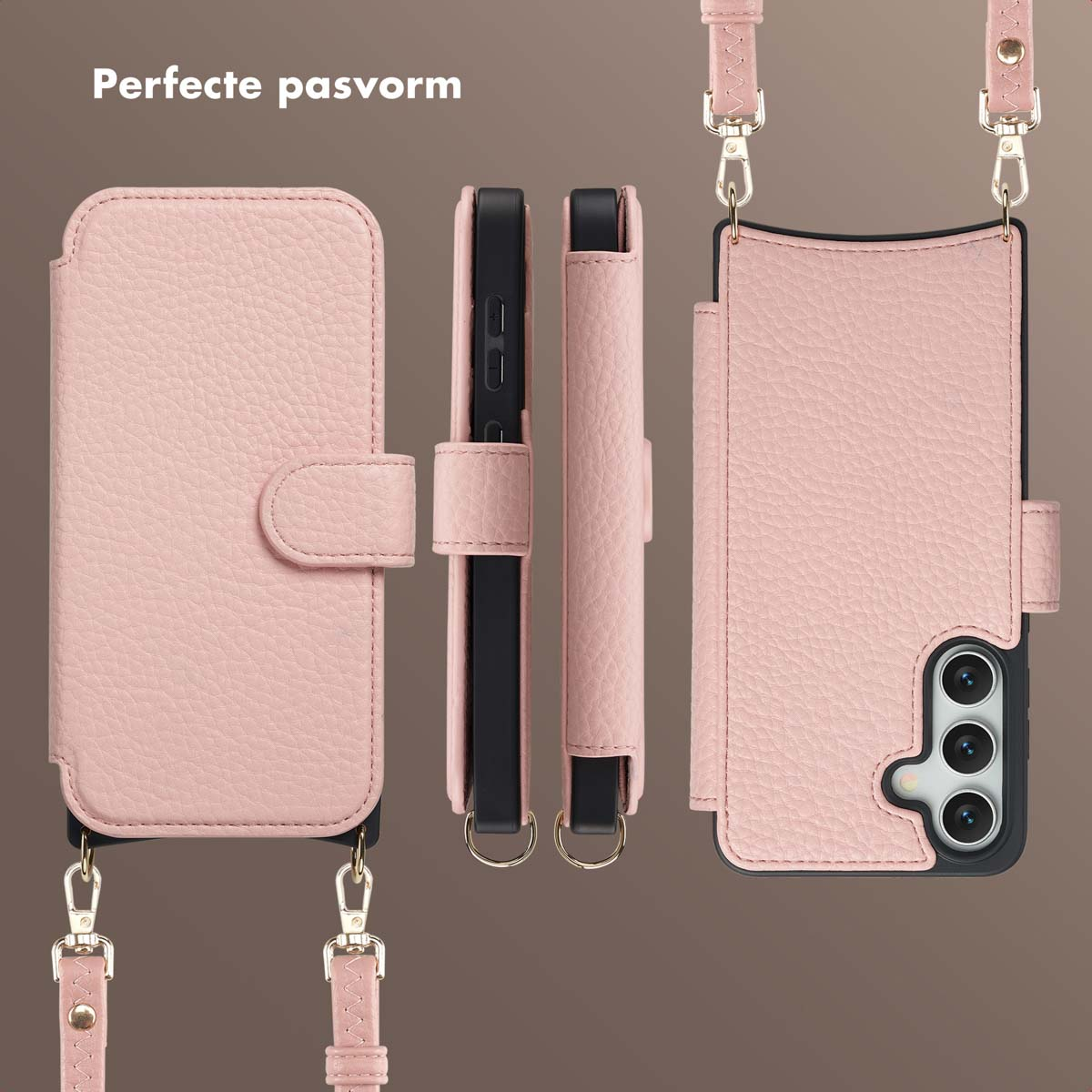 Étui de téléphone rose en cuir avec sangle, affiché ouvert et fermé, sur fond marron. Texte 'Perfecte pasvorm' en haut.