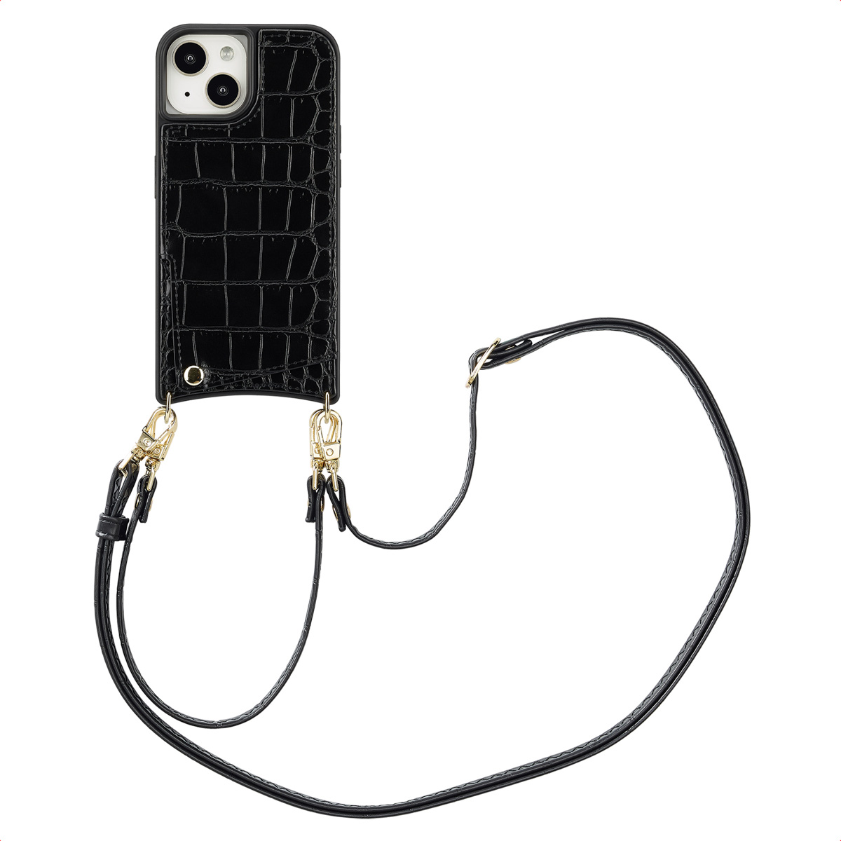 A black phone case with a crocodile pattern and a black strap with golden clasps. The phone case is on a white background.