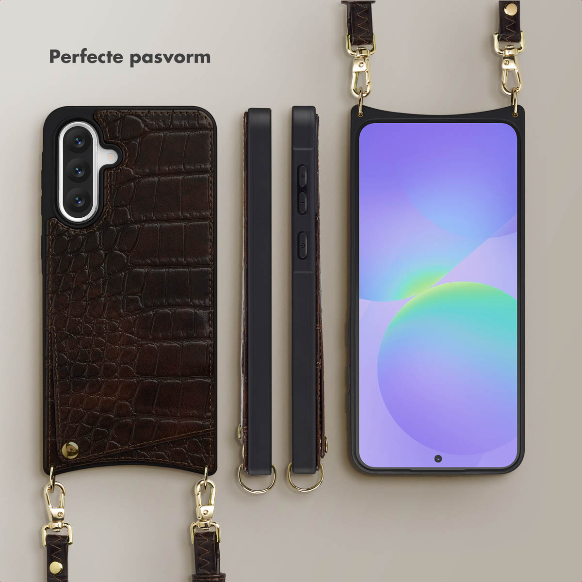 Een telefoon met een bruine leren hoes en een riem. Het wordt vanuit meerdere hoeken getoond. Het telefoonscherm toont een kleurrijke achtergrond.