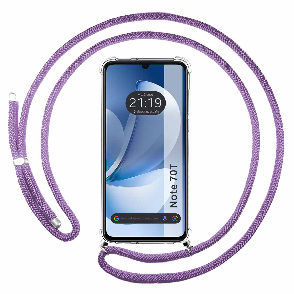 Uno smartphone con custodia trasparente e cordino viola. Lo schermo mostra l'ora e il luogo. Il telefono è etichettato Note 70T.