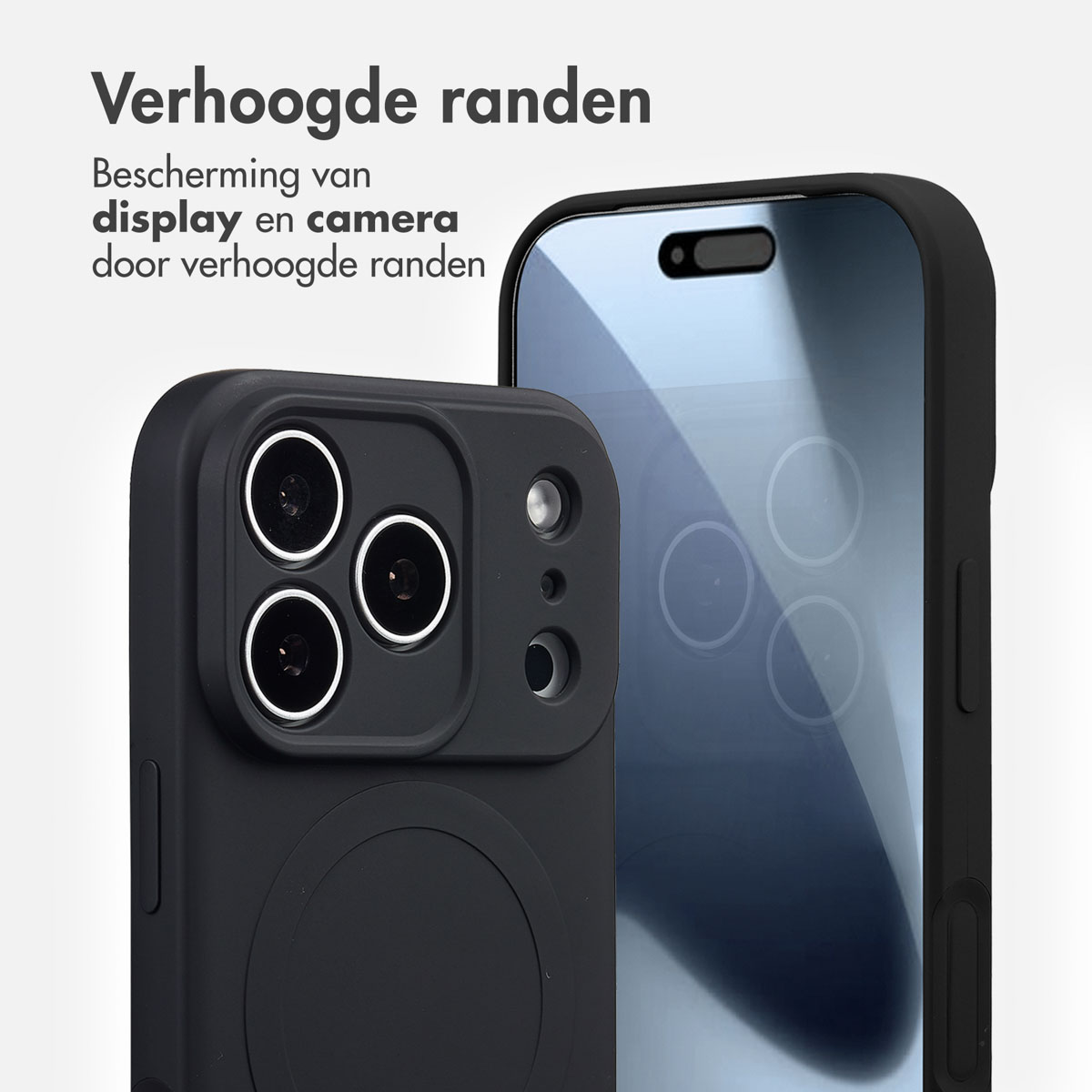 Coque de téléphone noire avec bords surélevés protégeant l'écran et l'appareil photo. Affiche le téléphone avec protecteur d'écran en verre. Fond blanc.