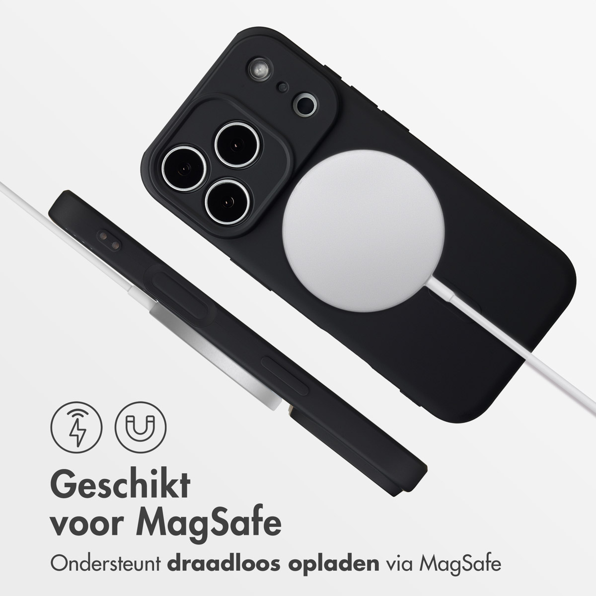 Een zwarte telefoonhoes met een MagSafe-oplader. Tekst: Geschikt voor MagSafe. Ondersteunt draadloos opladen via MagSafe.