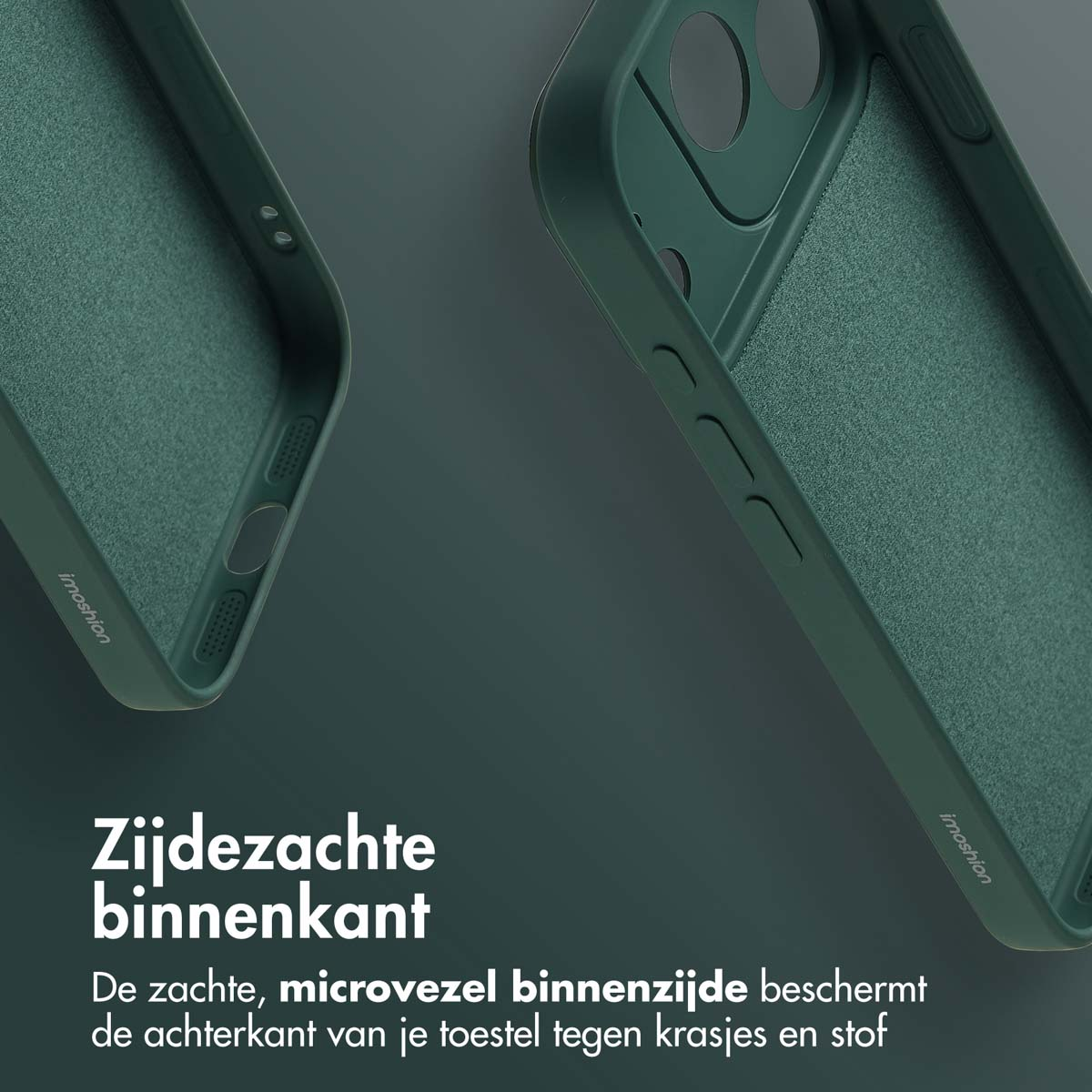 Close-up van twee groene telefoonhoesjes met zacht interieur. Tekst: 'Zachte binnenkant beschermt de achterkant tegen krassen en stof'.