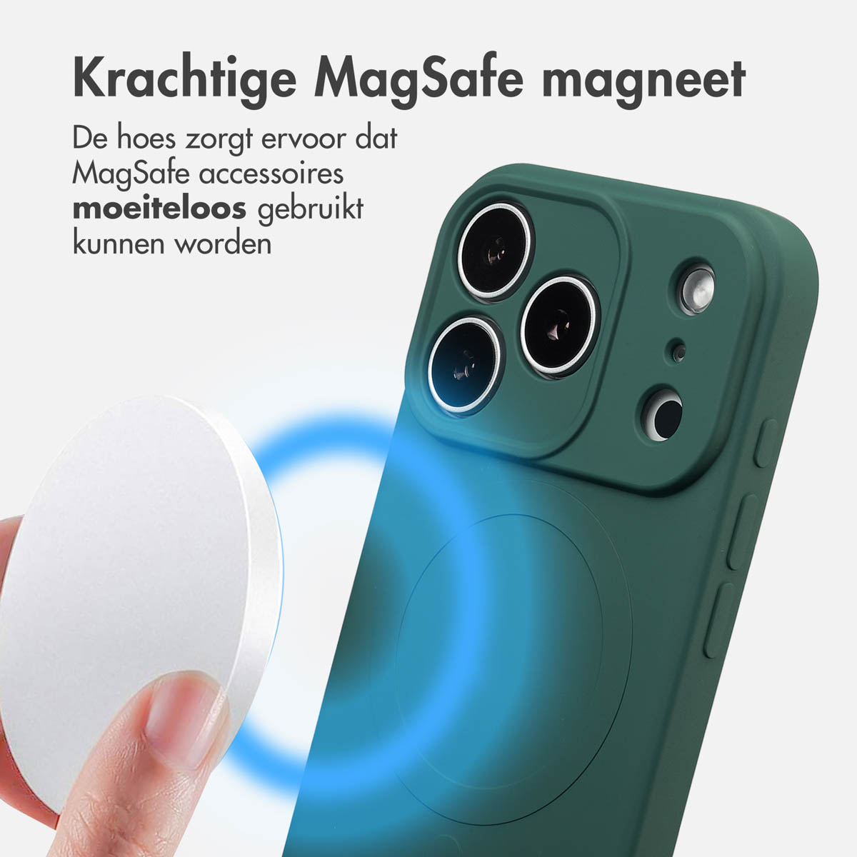 Een telefoon in een groene hoes wordt magnetisch verbonden met een witte MagSafe-accessoire. Blauwe lijnen geven de magnetische kracht aan.