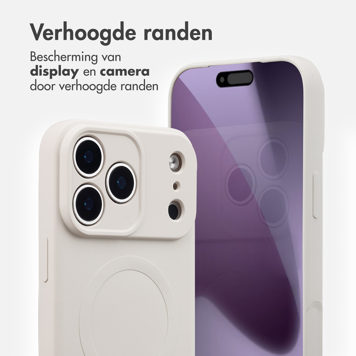 Deux coques de téléphone blanches avec des bords surélevés. L'une montre des objectifs d'appareil photo, l'autre un écran de téléphone violet. Texte : 'Bords relevés'.