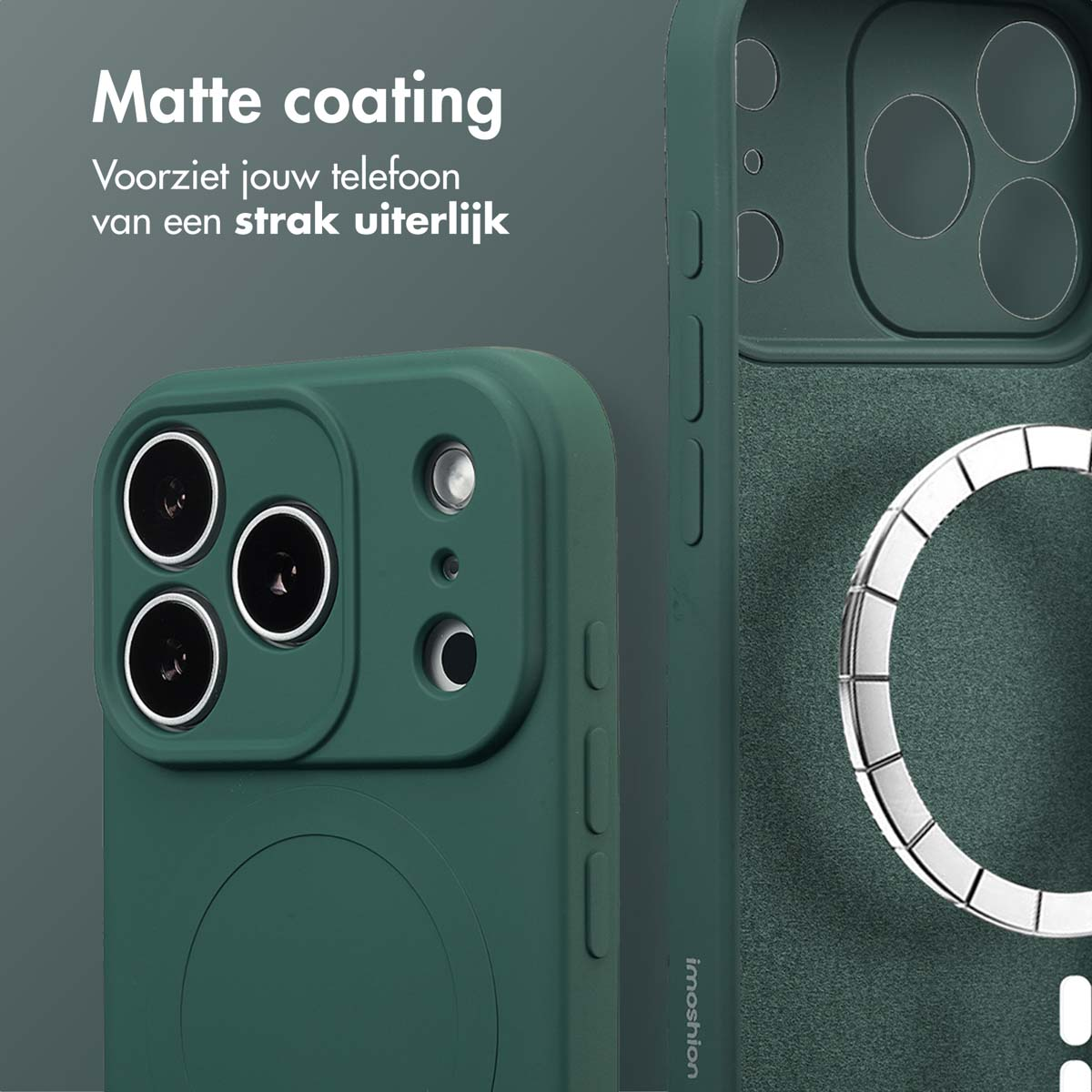 Groene telefoonhoes met matte coating. Drie cameralenzen zijn zichtbaar. De achtergrond toont een deel van een andere hoes.