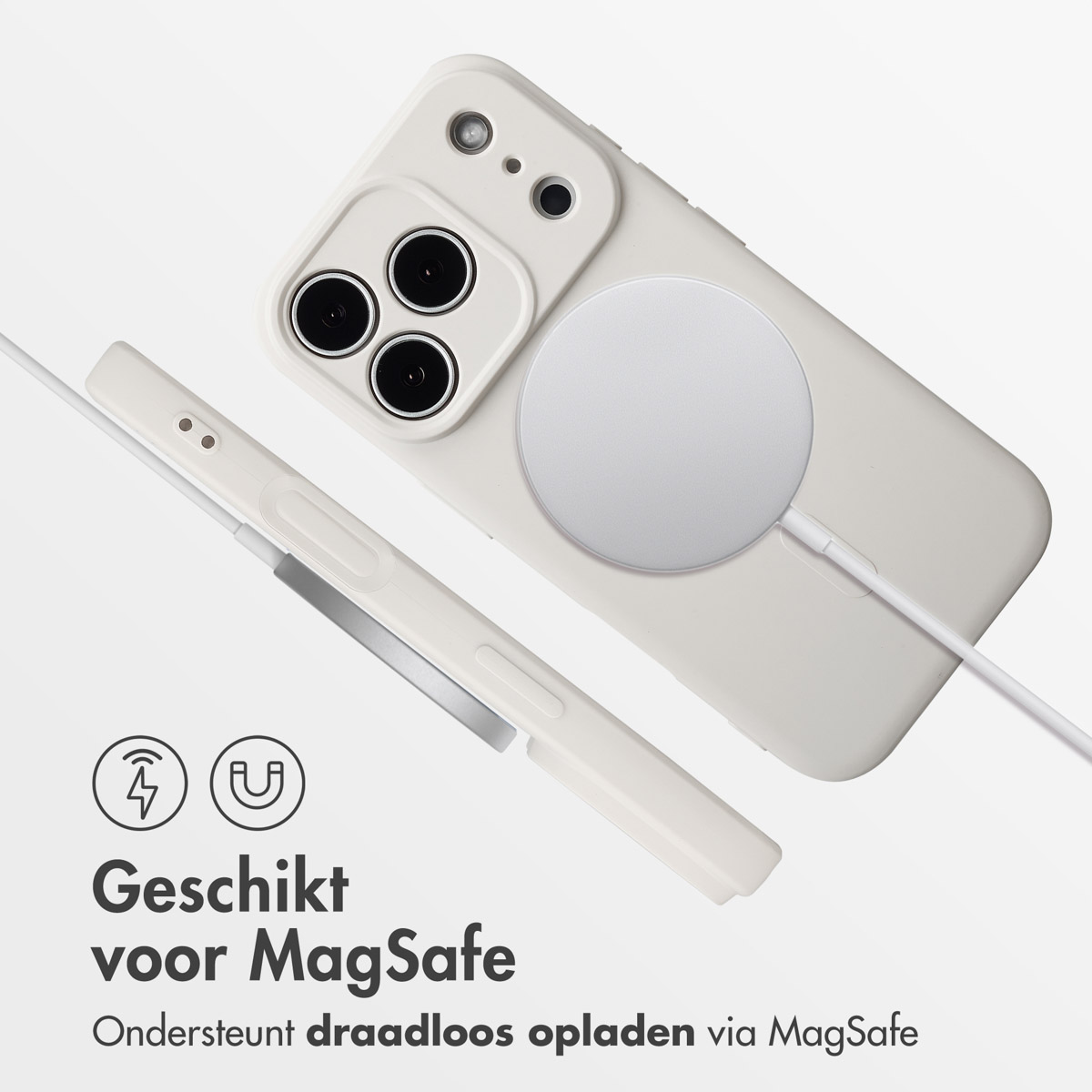 Une coque de téléphone blanche avec chargeur MagSafe. Un téléphone blanc et un chargeur blanc sont connectés. Texte: "Convient pour MagSafe".