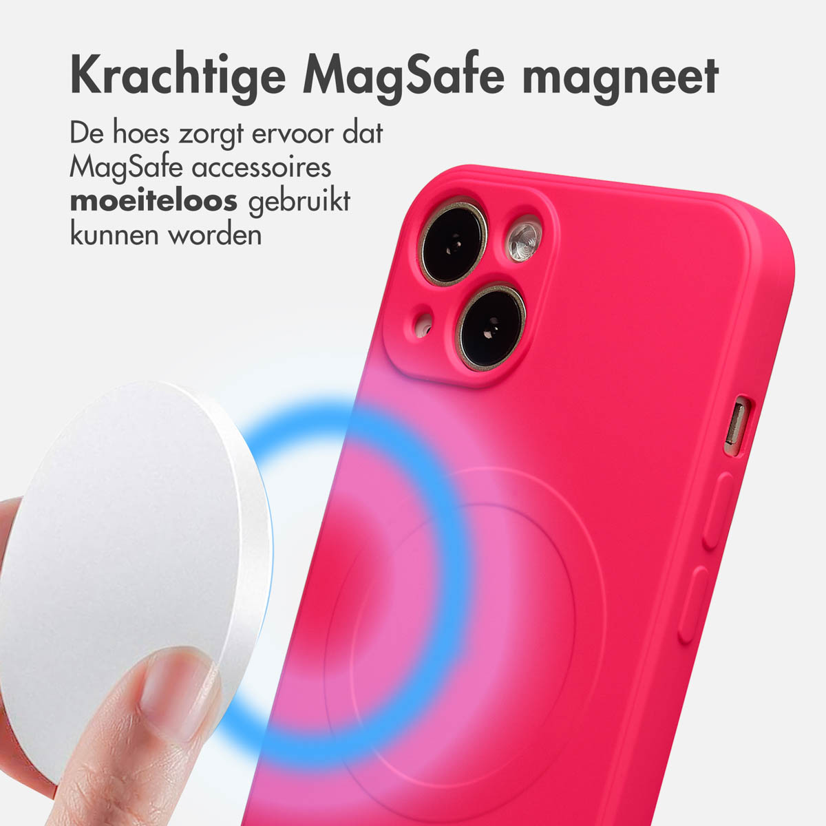 Een hand houdt een witte MagSafe-accessoire vast bij een roze telefoonhoesje. Blauwe ringen geven magnetische verbinding aan.