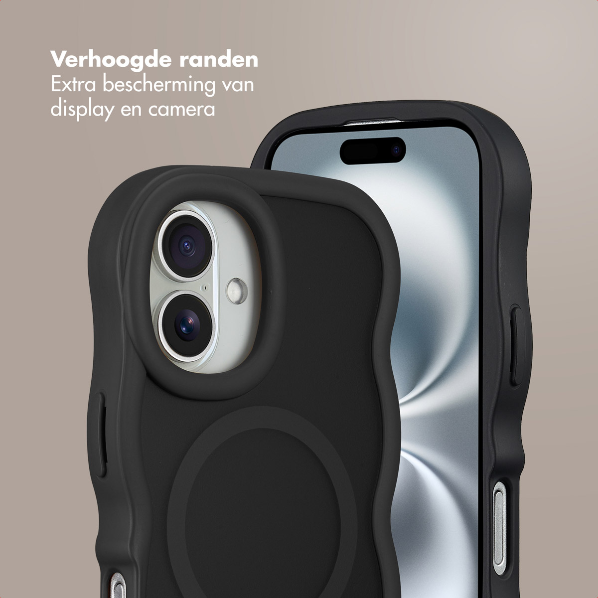 Due custodie nere per telefono, una con il telefono all'interno. Le custodie hanno bordi rialzati per la protezione dello schermo e della fotocamera.