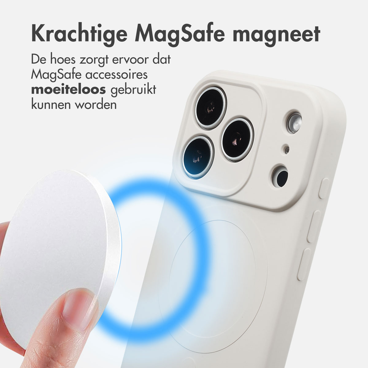 Un étui de téléphone blanc avec trois objectifs d'appareil photo. Un disque magnétique blanc est tenu près. Cercle bleu indique le champ magnétique.