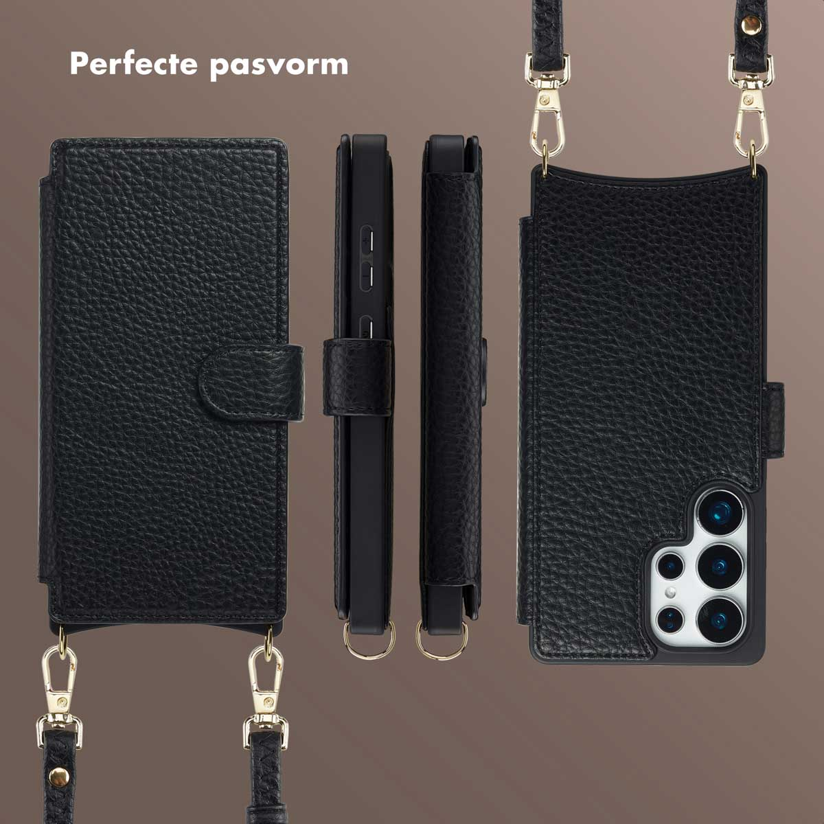 Zwarte leren telefoonhoes met band, weergegeven open, gesloten en zijaanzichten. Tekst 'Perfecte pasvorm' bovenaan.