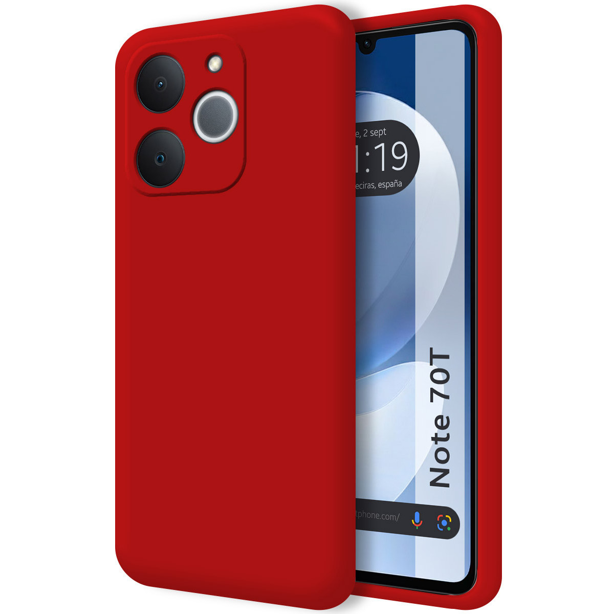 Custodia rossa con dettagli della fotocamera, che copre parzialmente lo schermo con l'ora e il modello Note 70T.