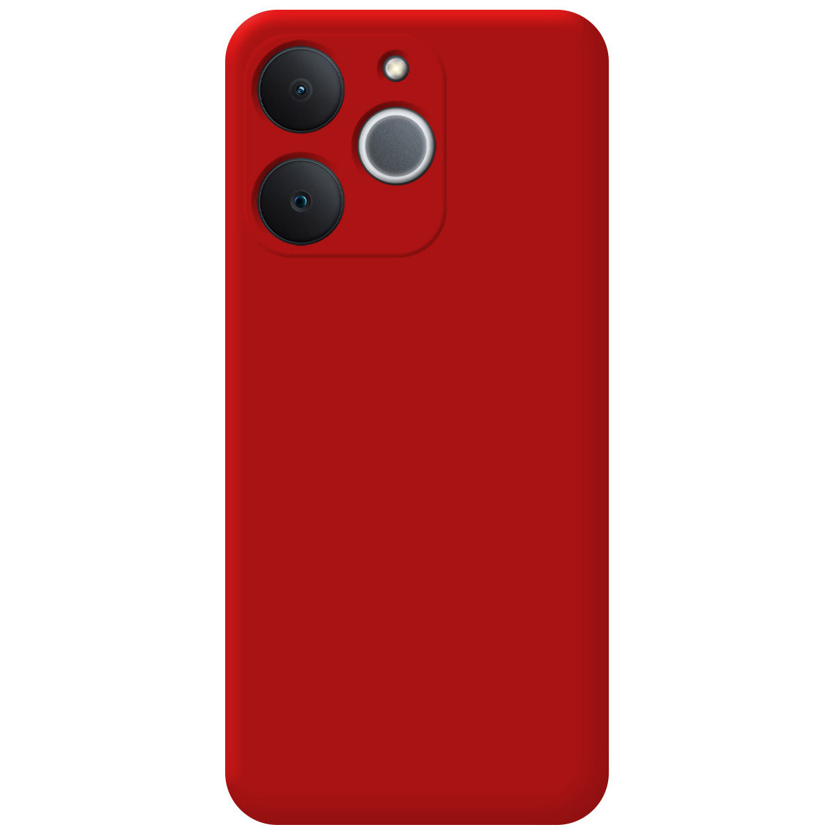 Una custodia rossa per telefono con modulo fotocamera. Il modulo ha tre cerchi neri e un cerchio bianco.