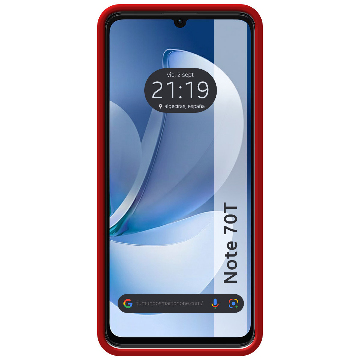Uno smartphone con cornice rossa mostra ora, data e posizione sullo schermo. Il telefono è etichettato 'Note 70T'.