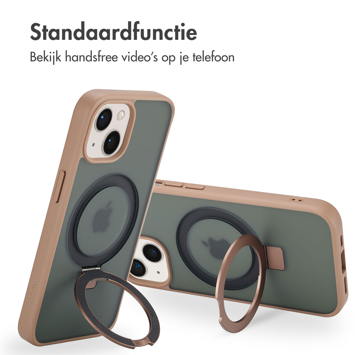 Deux étuis de téléphone avec des supports en anneau. L'un est relevé. Les étuis sont marron et vert, avec le logo Apple visible.