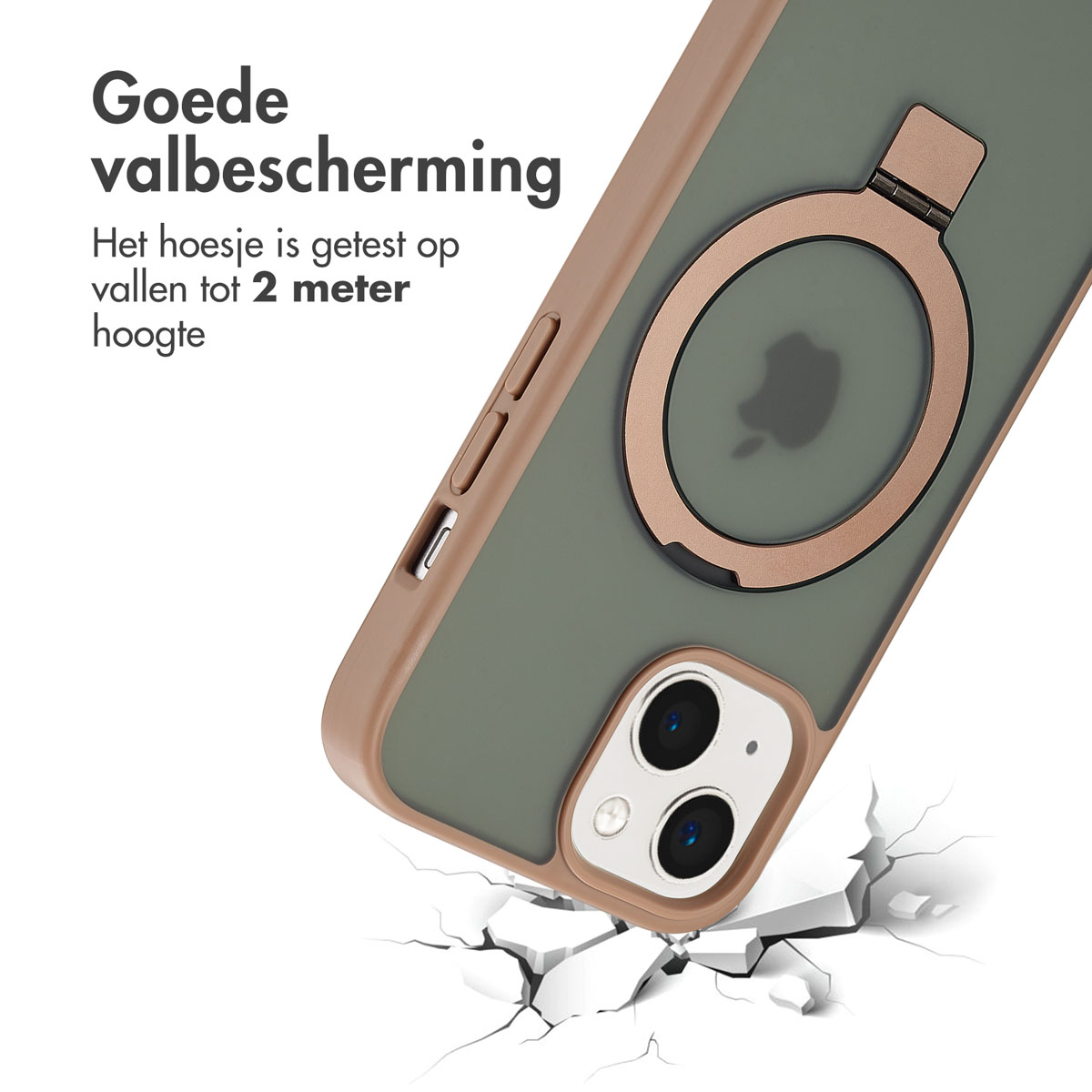 Une coque de téléphone vert olive avec un anneau doré, sol fissuré en dessous, texte: Bonne protection, testé pour 2 mètres.