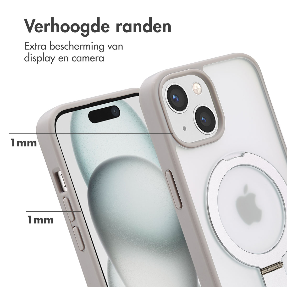 Een telefoonhoesje met een verhoogde rand voor scherm- en camerabescherming. De hoes is lichtgrijs en transparant. Er staat een Apple-logo op de achterkant.