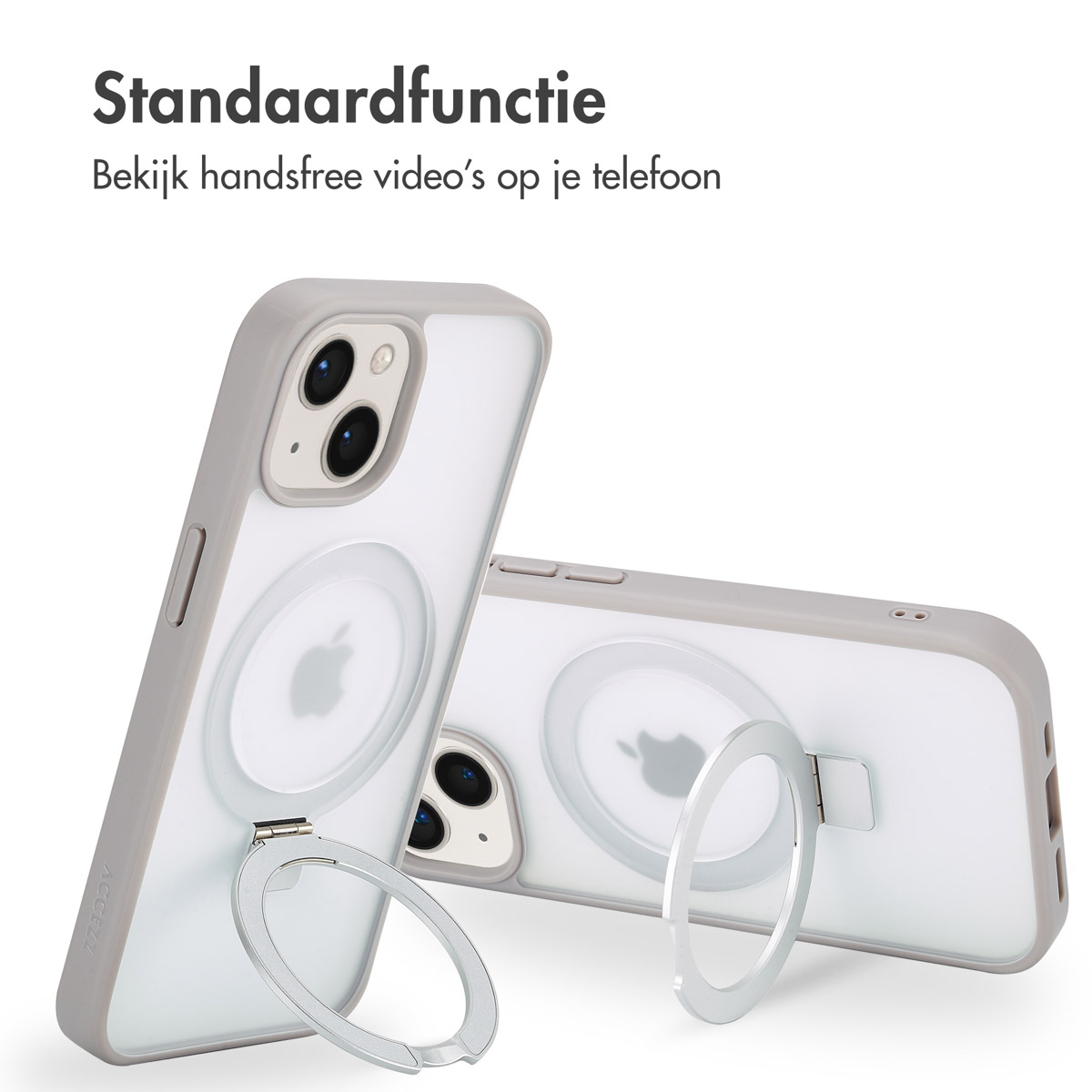 Twee telefoons in hoesjes met ringhouders. Eén staat rechtop, de andere leunt achterover. Beide hebben het Apple-logo zichtbaar.