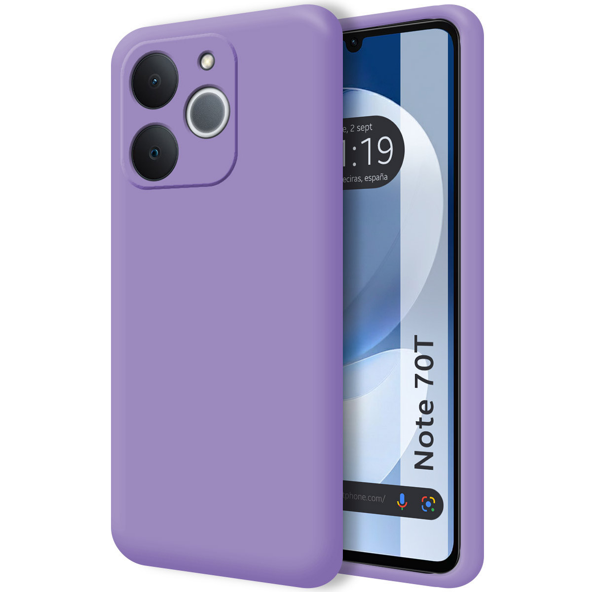 Una custodia per telefono viola e un telefono. Lo schermo del telefono mostra l'ora e la scritta "Note 70T". La custodia ha dei ritagli per la fotocamera.