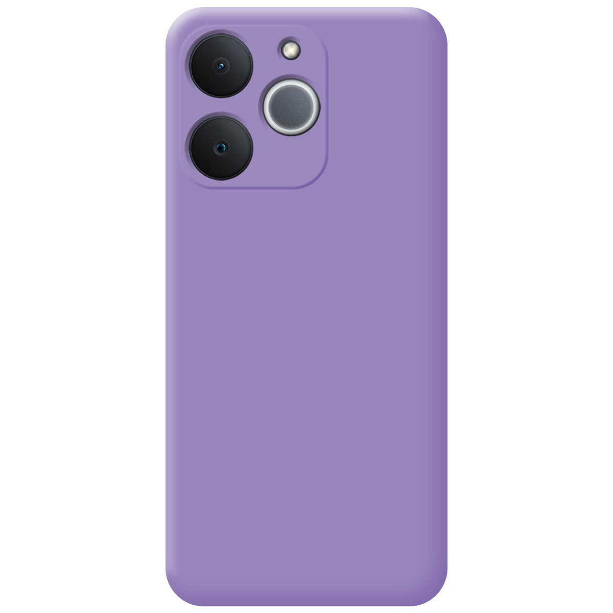 Una custodia viola con tre obiettivi della fotocamera. La custodia è di colore viola chiaro e ha angoli arrotondati.