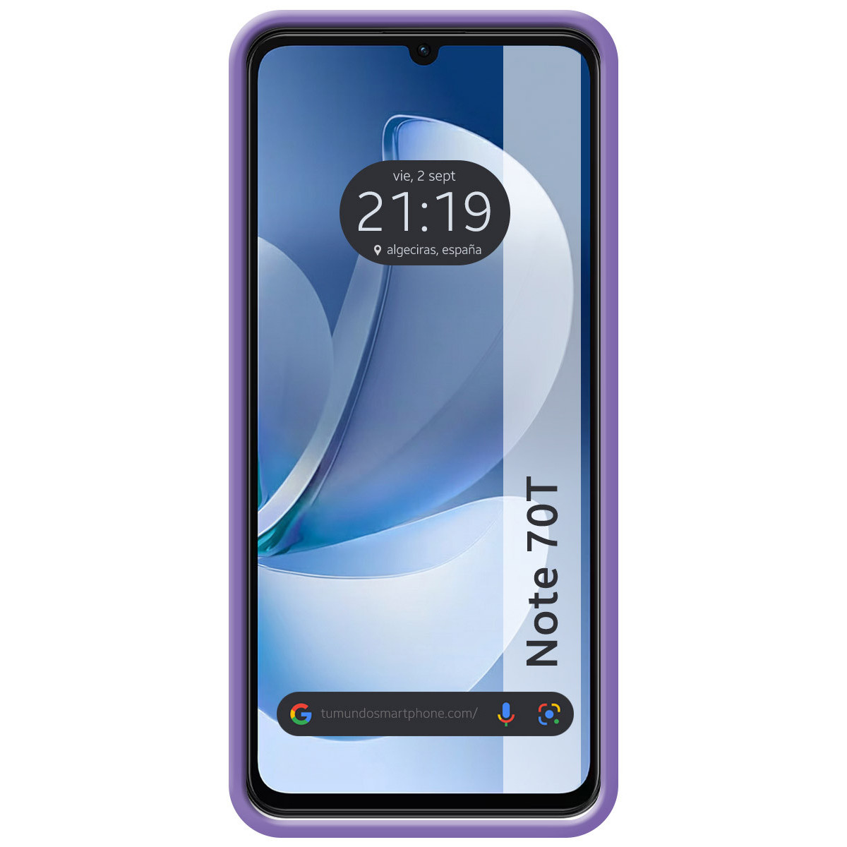 Uno smartphone con custodia viola mostra una schermata di blocco. Lo schermo mostra l'ora, la data e il luogo. Il telefono è etichettato Note 70T.