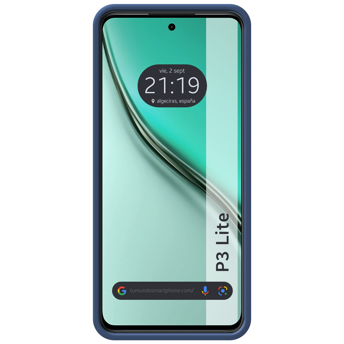 Schermo di smartphone che mostra ora e data, incorniciato da una cornice blu. Il telefono ha il testo "P3 Lite".